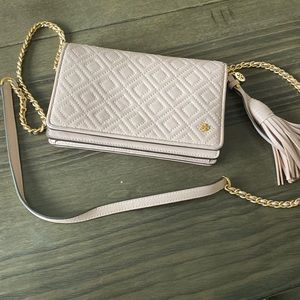 Tory Burch quilted pale pink chain wallet cross body
